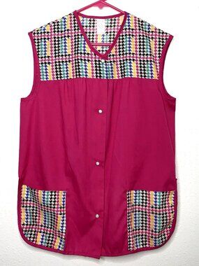 Vtg MADE IN USA Pearl Snap RAINBOW HOUNDSTOOTH Apron SMOCK M Grandma Teacher Art